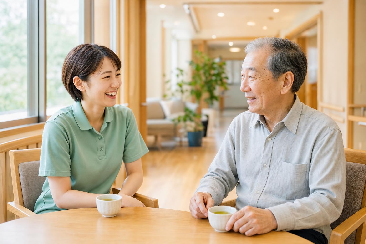 入居者さんと笑顔で話す介護職の女性