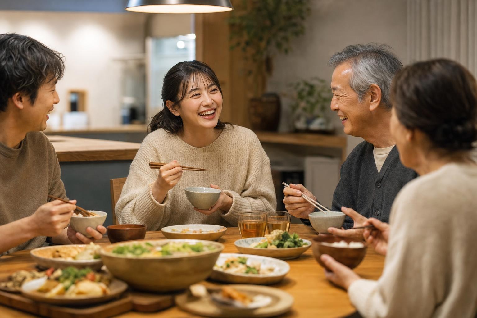家族と夕食を楽しむ女性